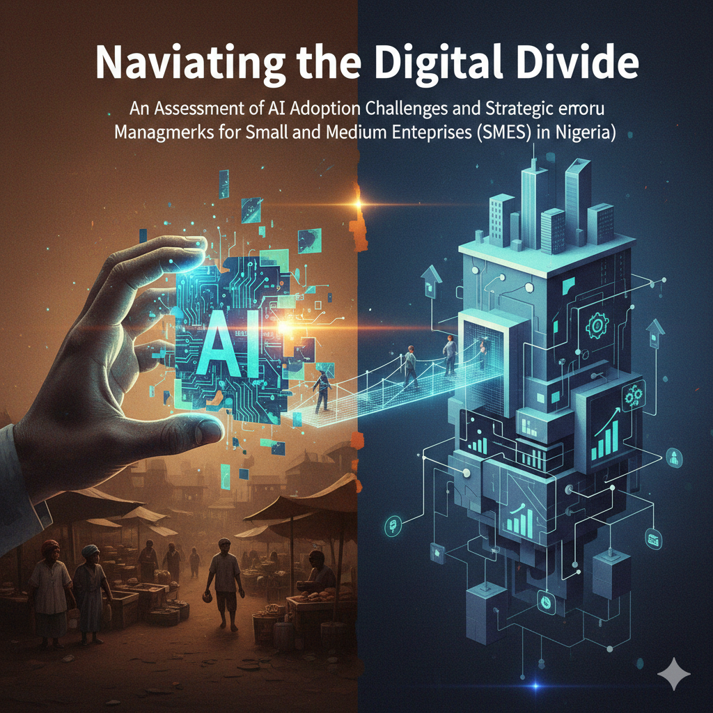 create a featured image for this article title: Navigating the Digital Divide: An Assessment of AI Adoption Challenges and Strategic Management Frameworks for Small and Medium Enterprises (SMEs) in Nigeria